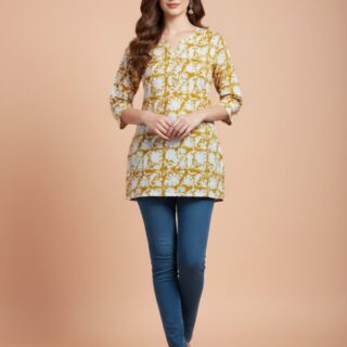 Vibrant Mustard Yellow & White Printed Cotton Short Kurti