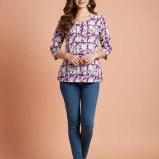 Women's Purple and White Printed Cotton Peplum Top