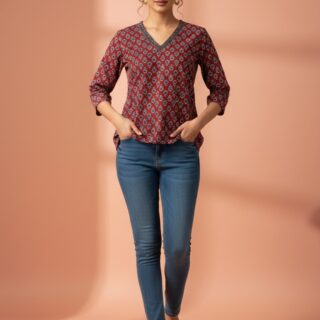 Red Hand Block Print Cotton V-Neck Tunic Top
