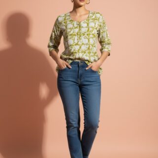 Olive Green Abstract Print Straight Tunic/Top