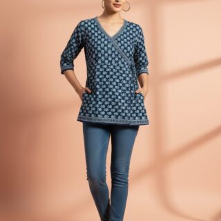 Indigo Hand Block Print Cotton Angrakha Tunic