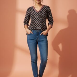 Hand Block Printed Cotton V-Neck Tunic Top