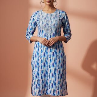 Blue Feather Print Straight Kurti with Embroidered Yoke