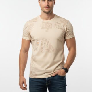 Men’s Beige All-Over Printed Crew Neck T-Shirt