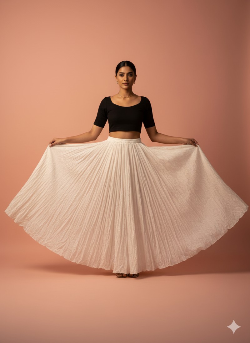 Ivory Pleated Flared Skirt free size